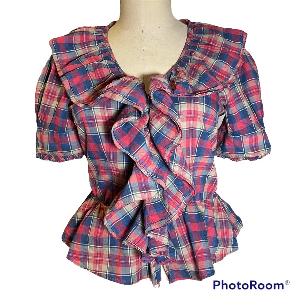 Whoau button down plaid ruffle blouse size XS